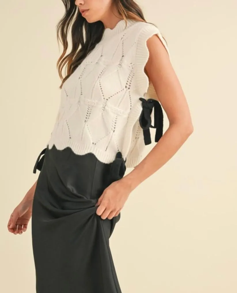 Womens Y2k Lace Up Ribbon Sweater Vest with Bow Twist Mock Neck Crochet Tank Cute Cap Sleeve Cable Knit Sweater Top