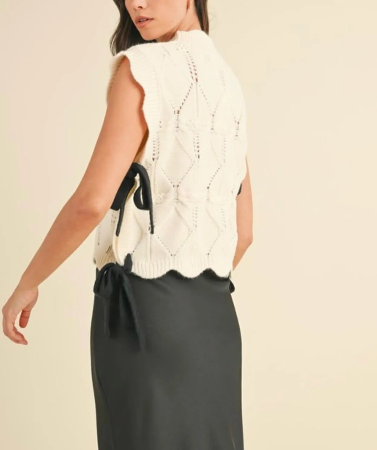 Womens Y2k Lace Up Ribbon Sweater Vest with Bow Twist Mock Neck Crochet Tank Cute Cap Sleeve Cable Knit Sweater Top