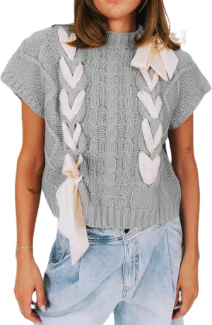 Womens Y2k Lace Up Ribbon Sweater Vest with Bow Twist Mock Neck Crochet Tank Cute Cap Sleeve Cable Knit Sweater Top