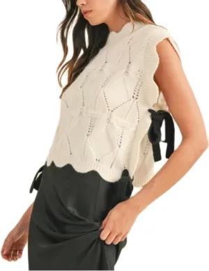 Womens Y2k Lace Up Ribbon Sweater Vest with Bow Twist Mock Neck Crochet Tank Cute Cap Sleeve Cable Knit Sweater Top