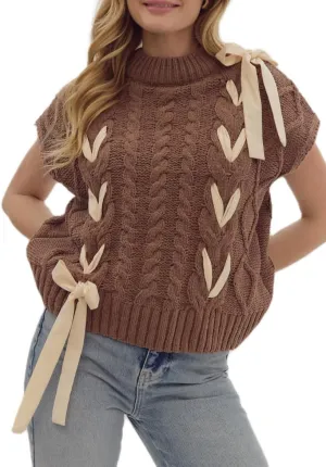 Womens Y2k Lace Up Ribbon Sweater Vest with Bow Twist Mock Neck Crochet Tank Cute Cap Sleeve Cable Knit Sweater Top