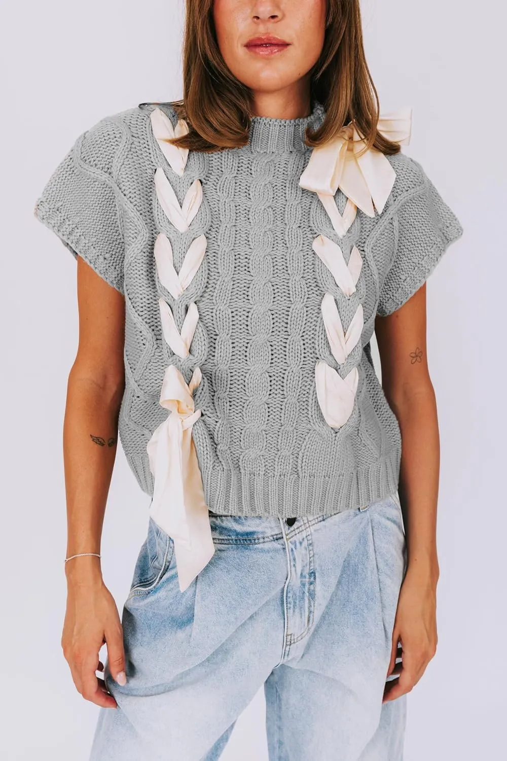 Womens Y2k Lace Up Ribbon Sweater Vest with Bow Twist Mock Neck Crochet Tank Cute Cap Sleeve Cable Knit Sweater Top