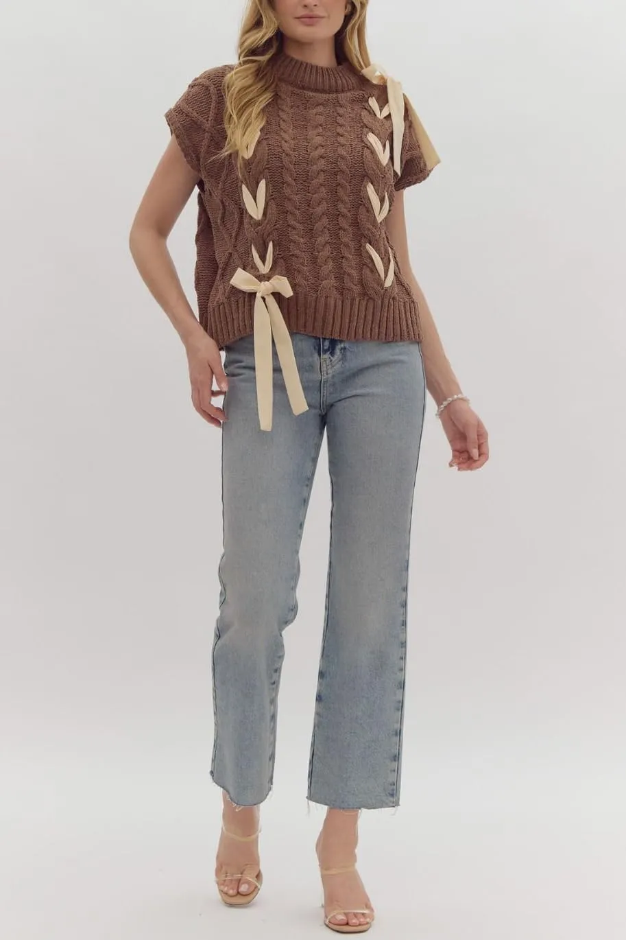 Womens Y2k Lace Up Ribbon Sweater Vest with Bow Twist Mock Neck Crochet Tank Cute Cap Sleeve Cable Knit Sweater Top