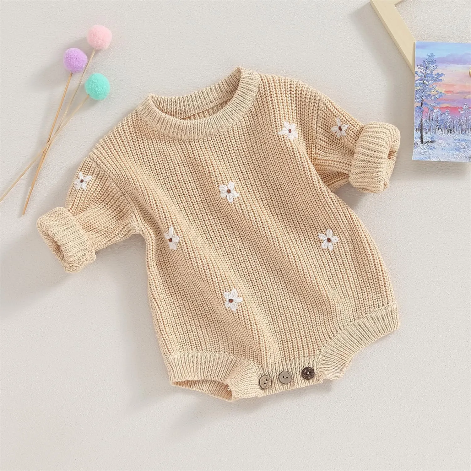 woshilaocai Baby Boy Girl Sweater Oversized Long Sleeve Romper Warm Crewneck Bodysuit Knitted Winter Clothes