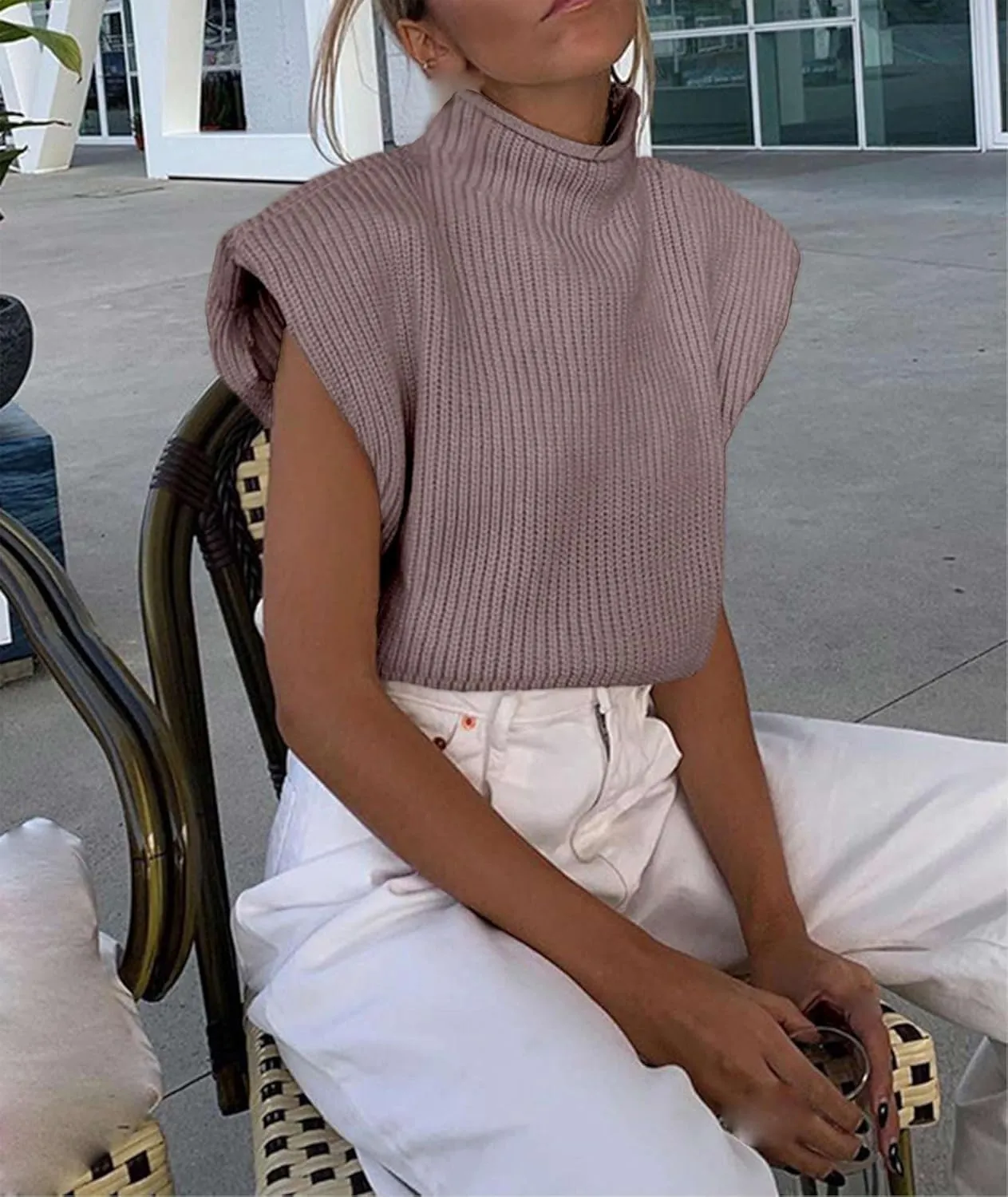 xxxiticat Women's Cap Sleeve Sweater Vest Mock Neck Knit Pullover Tank Shirt 2025 Trendy Spring Summer Sleeveless Cute Top