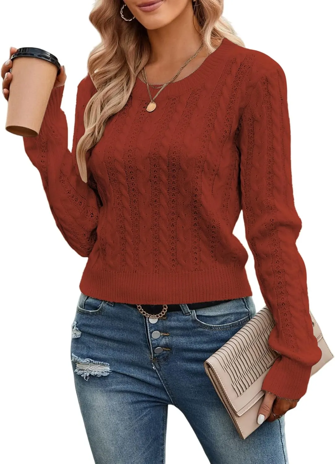 ZAFUL Women's Cable Cropped Sweater Long Sleeve Crewneck Pullover Knit Jumper Top